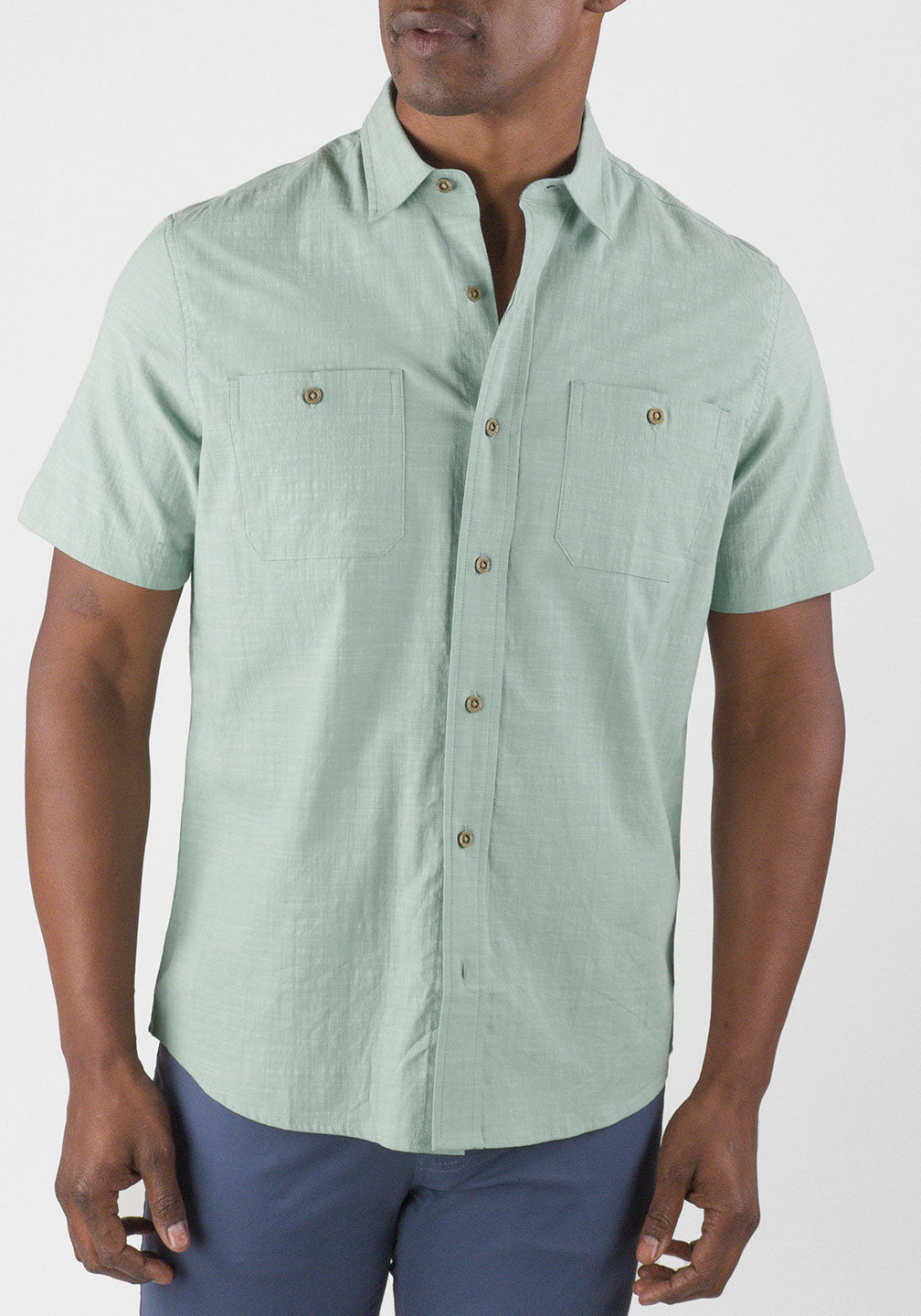 【CPGN STUDIO】TEA TIME Embroidery Short Sleeve T-shirt Work Shirt -Stretch Chambray in Airotec® Performance